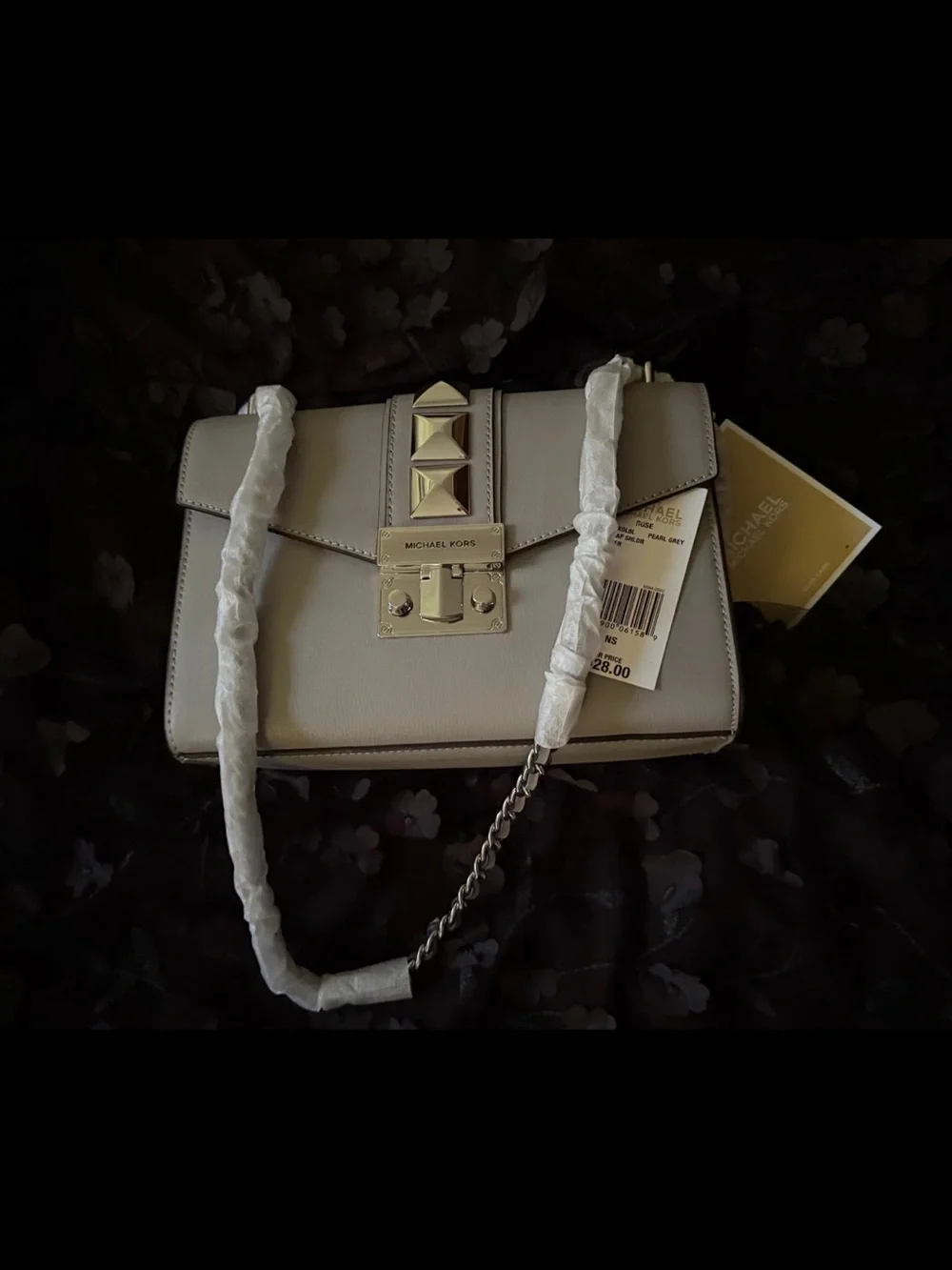 Michael Kors Pearl Gray Leather Shoulder Bag with Silver Pyramid Hardware